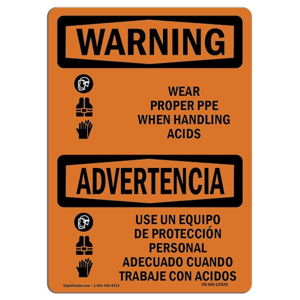 OSHA, Wear Proper PPE Handling Acids Bilingual, 24in X 18in Rigid Plastic, 24" W, 18" H, Landscape